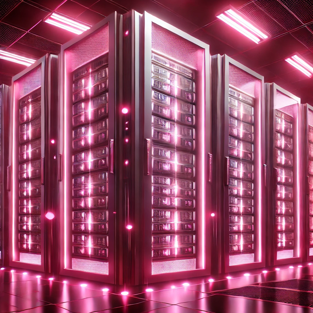 DALL·E 2025-02-23 23.12.33 - A high-tech server room with multiple racks of glowing servers, illuminated with pink LED lighting. The atmosphere is futuristic, with a clean and mod